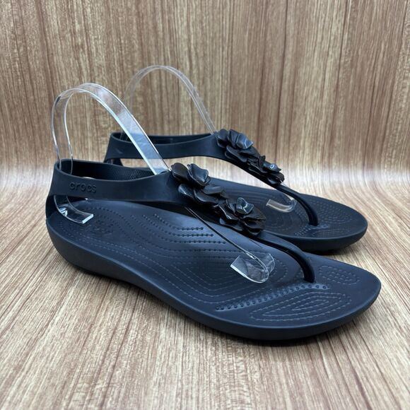 Crocs Serena Sandals Flower Embellished‎ Black Thong Slingback Rubber Women’s 10